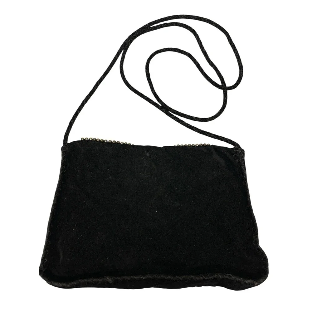 Vintage Bohemian Hobo‎ Embroidered Embellished Crossbody Black Suede Purse Bag